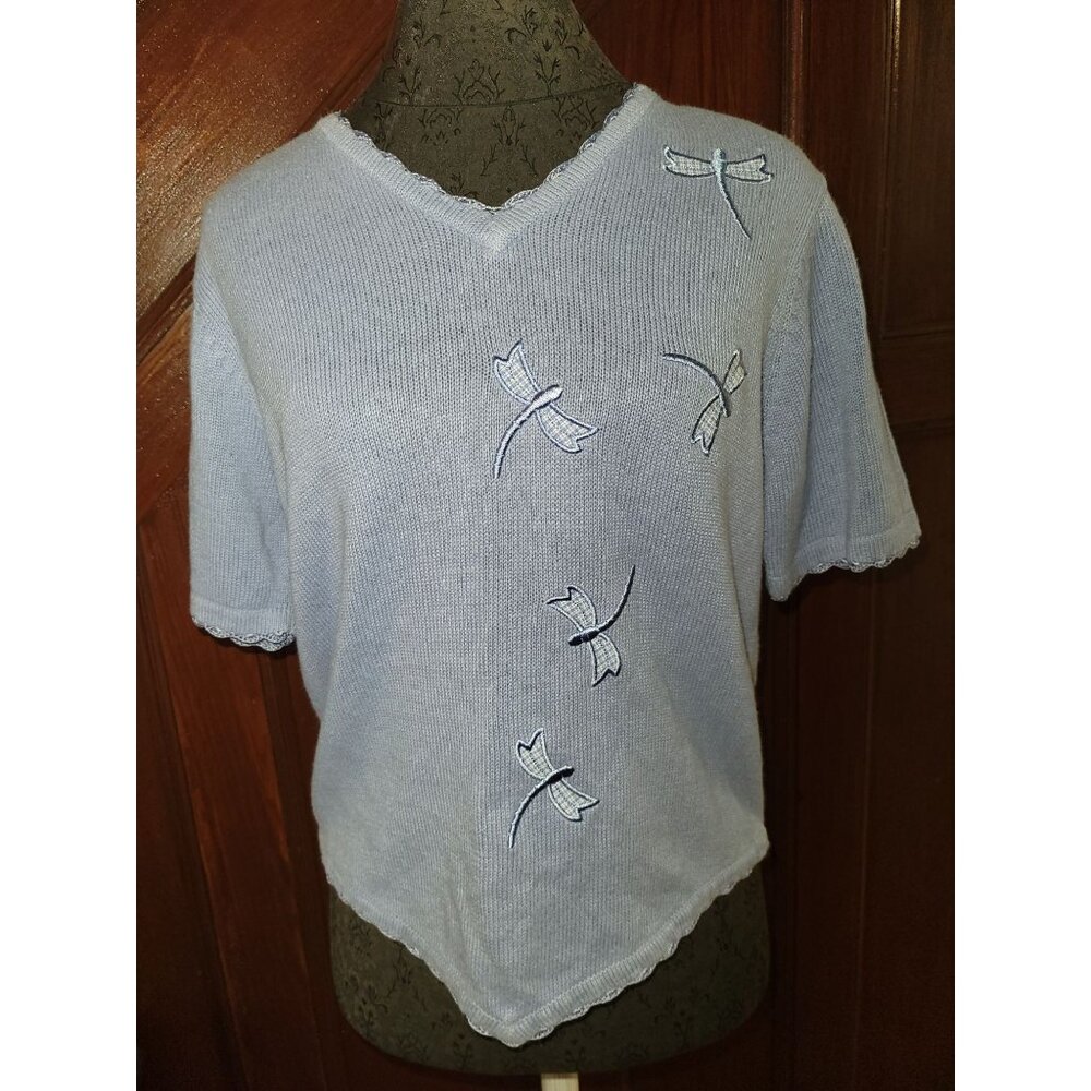 Vintage Christopher Banks Knit Embroidered Dragonfly Short Sleeve Sweater Top
